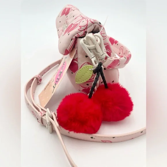 BETSEY JOHNSON Pink Bow LBCORAL Cherries Hearts Crossbody Purse with Pom Pom - Picture 2 of 9
